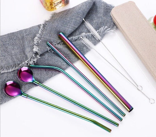 Stainless Steel Straw + Spoon  + Container ll 7 Piece Sets