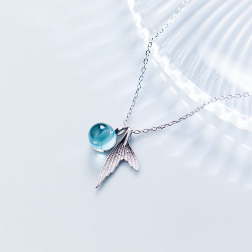 Blue Crystal Mermaid Fin Necklace ll Sterling Silver